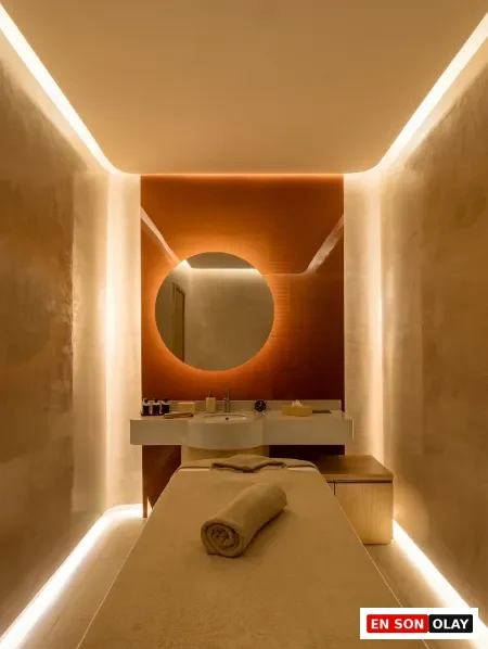 İstanbul'daki en iyi SPA merkezlerinden birinde, vücudu ve zihni dinlendirmek için hazır bekleyen, sıcak renklerle aydınlatılmış modern bir terapi odasında, masaj yatağının üzerinde rulo yapılmış havlu ve arka planda aynalı lavabo ünitesiyle huzurlu bir atmosfer sunuluyor.