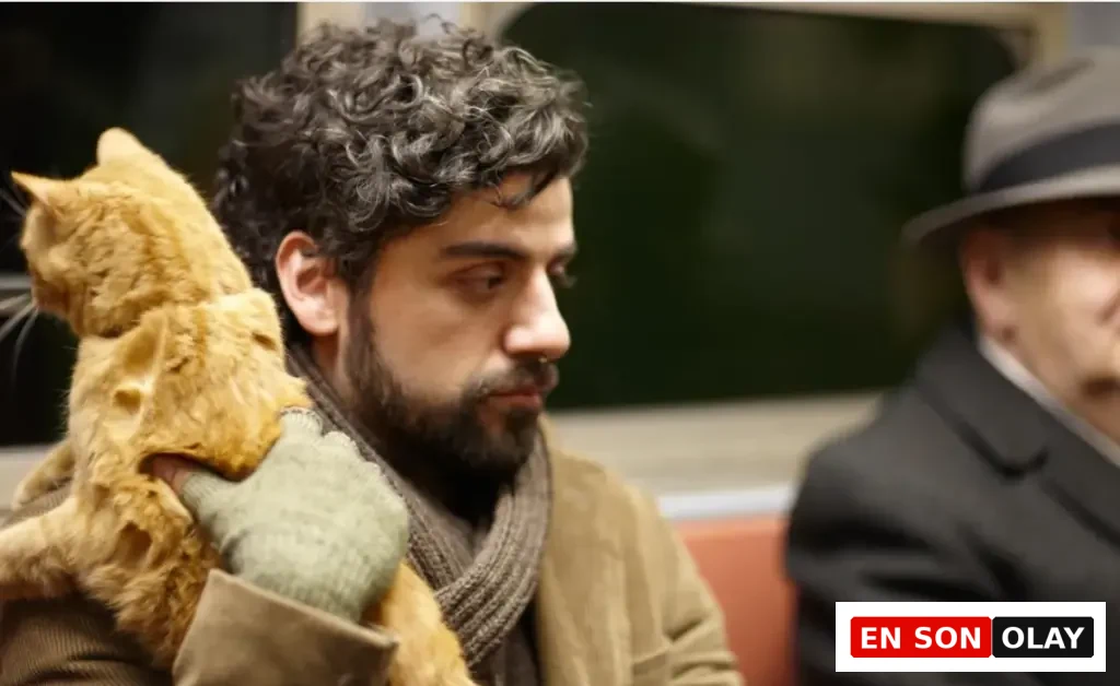 Bu etkileyici kedi filmleri seçkisinden bir görselde, Kedi Severlerin İzlemesi Gereken Filmler listesinde öne çıkan Sen Şarkılarını Söyle yapımından, Oscar Isaac'in canlandırdığı Llewyn Davis kucağındaki turuncu kediyle toplu taşıma aracında düşünceli bir ifadeyle otururken görülüyor, yanında şapkalı yaşlı bir yolcu yer alıyor.