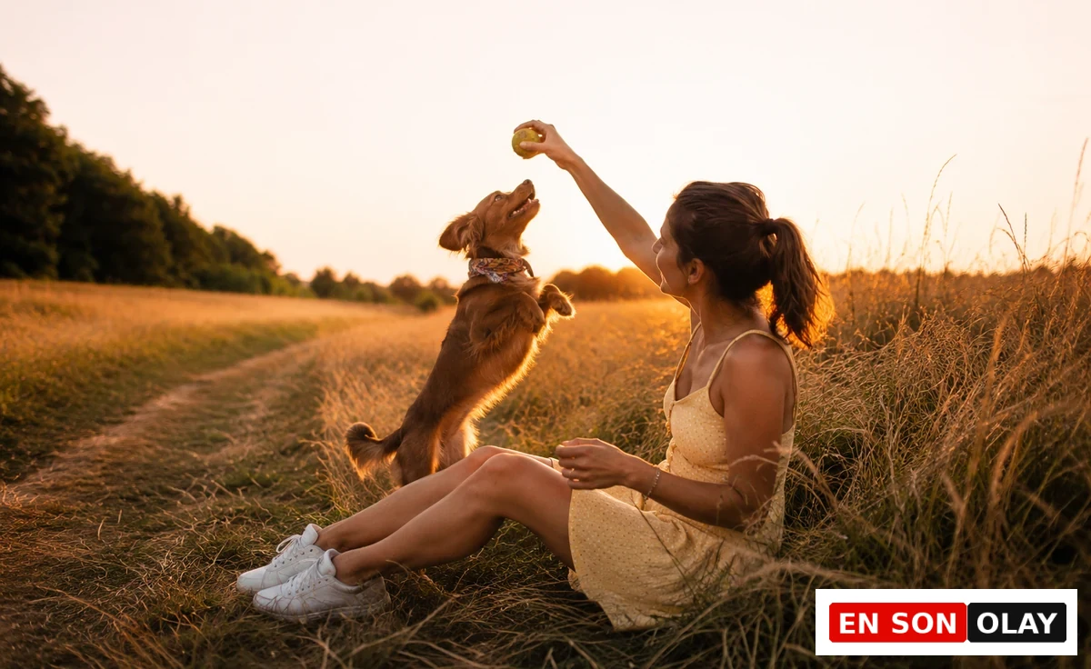 Gün batımının altın rengi ışığında, sarı elbiseli genç bir kadın, otların arasında oturmuş, havaya zıplayan kahverengi köpeğiyle bir top fırlatarak neşeyle açık havada oyun oynuyor.