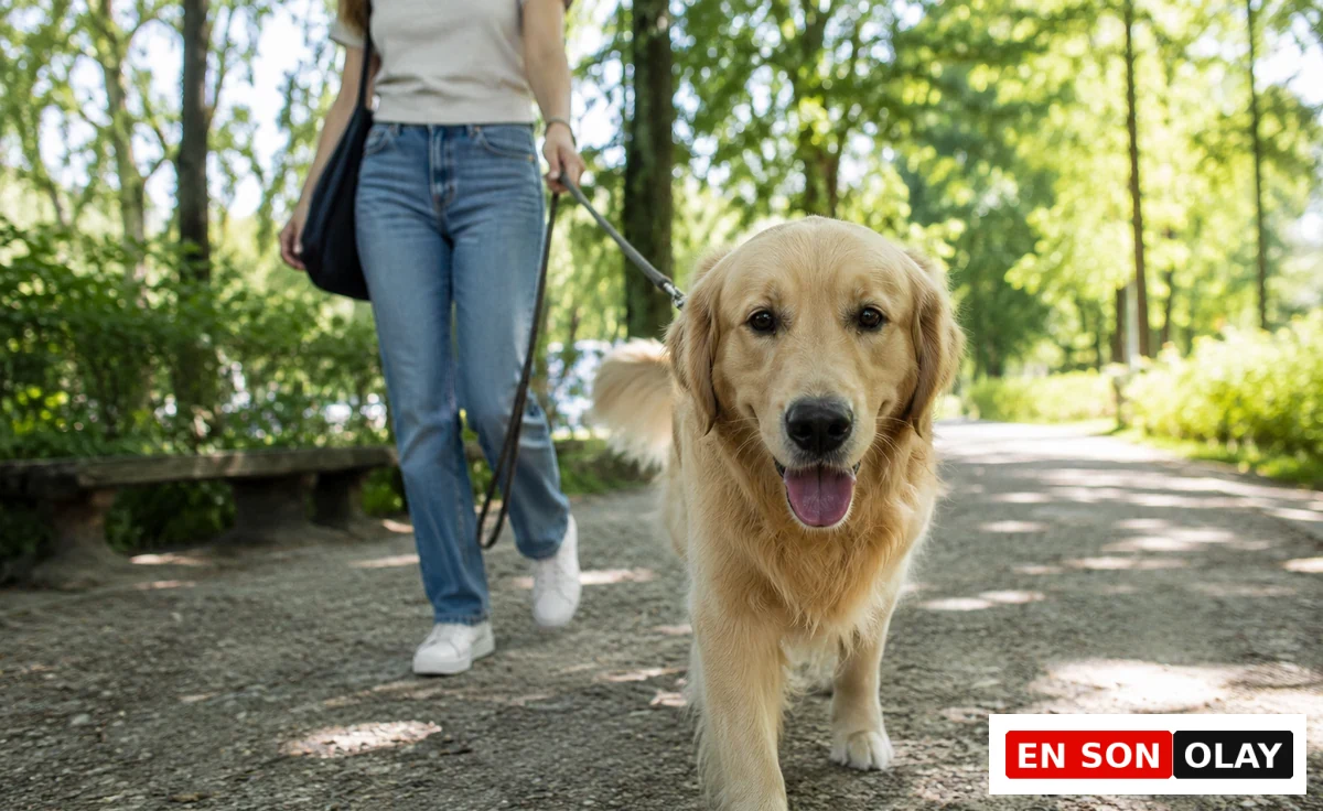 Güneşli bir parkta tasmayla yürüyen parlak tüylü bir golden retriever köpeği, dili hafifçe dışarıda, çakıllı bir yolda sahibinin eşliğinde neşeyle ilerliyor.