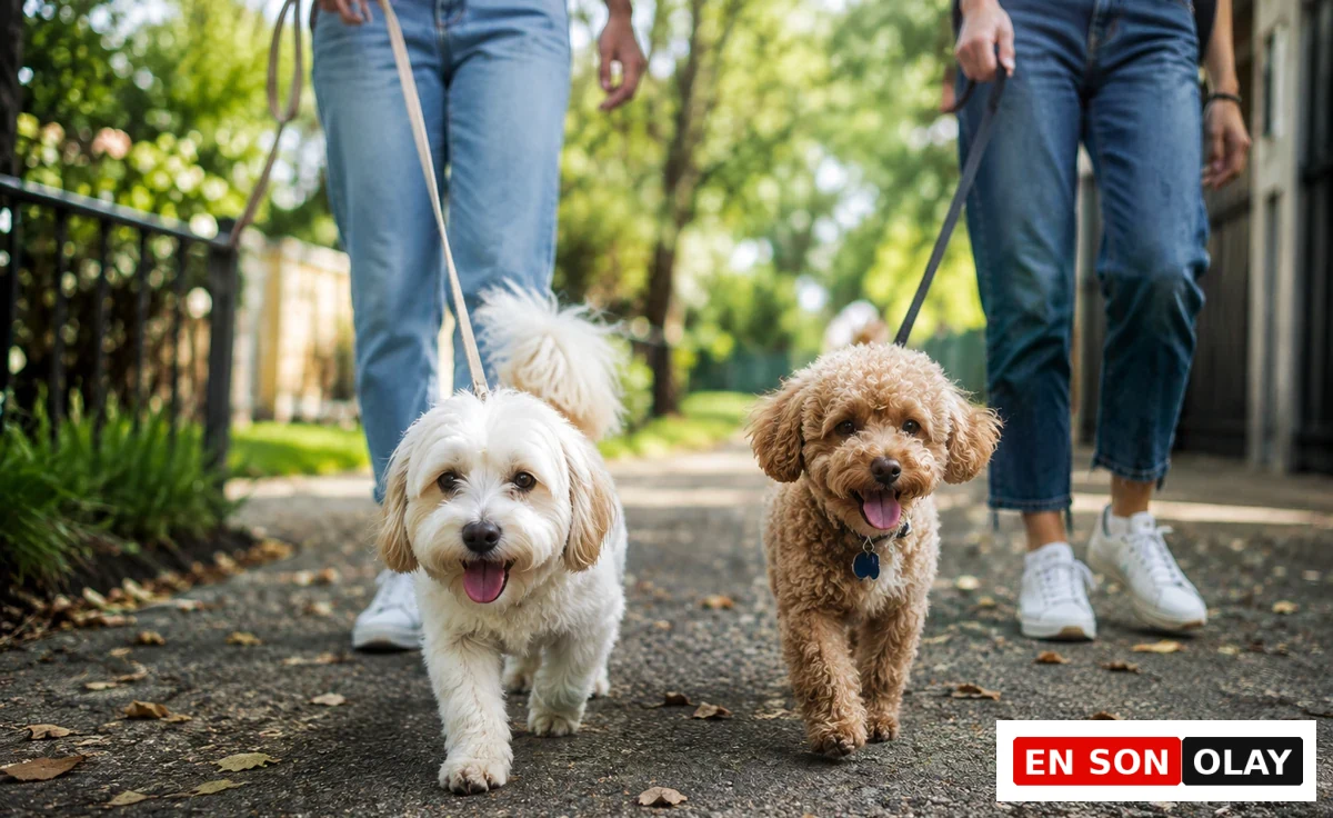 Yaz aylarında pati bakımı önem kazanan, tasmalı iki neşeli köpeğin güneşli bir günde sahipleriyle kaldırımda keyifle yürüdüğü bu an, dışarıdaki aktiviteler sırasında patilere gösterilmesi gereken özeni vurguluyor.