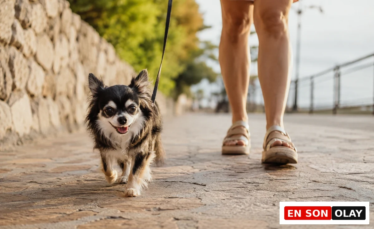 Siyah beyaz tüyleriyle sevimli bir Chihuahua köpeği, tasmayla güneşli bir taş yolda neşeyle yürürken arka planda sahibinin sandaletli ayakları seçiliyor; bu görsel, yaz aylarında küçük köpeklerin sıcak yüzeylerde yürüyüş yaparken pati bakımı önemini vurguluyor.