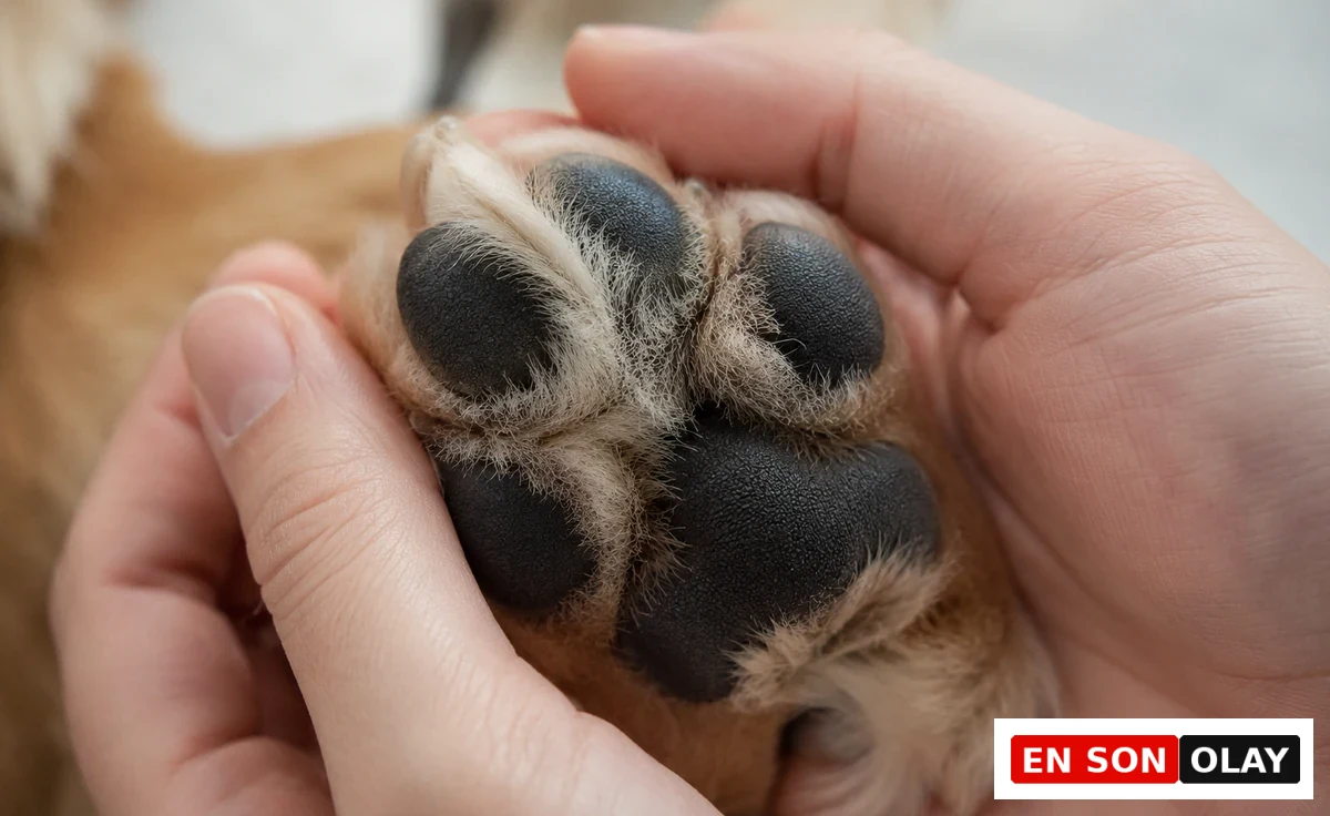 İki insan elinin nazikçe tuttuğu, kahverengi tüyleri ve belirgin siyah yastıkları olan bir köpek patisinin yakın çekim görüntüsü, yaz aylarında köpeklerde pati bakımı ve pati kontrolünün ne kadar önemli olduğunu vurguluyor.