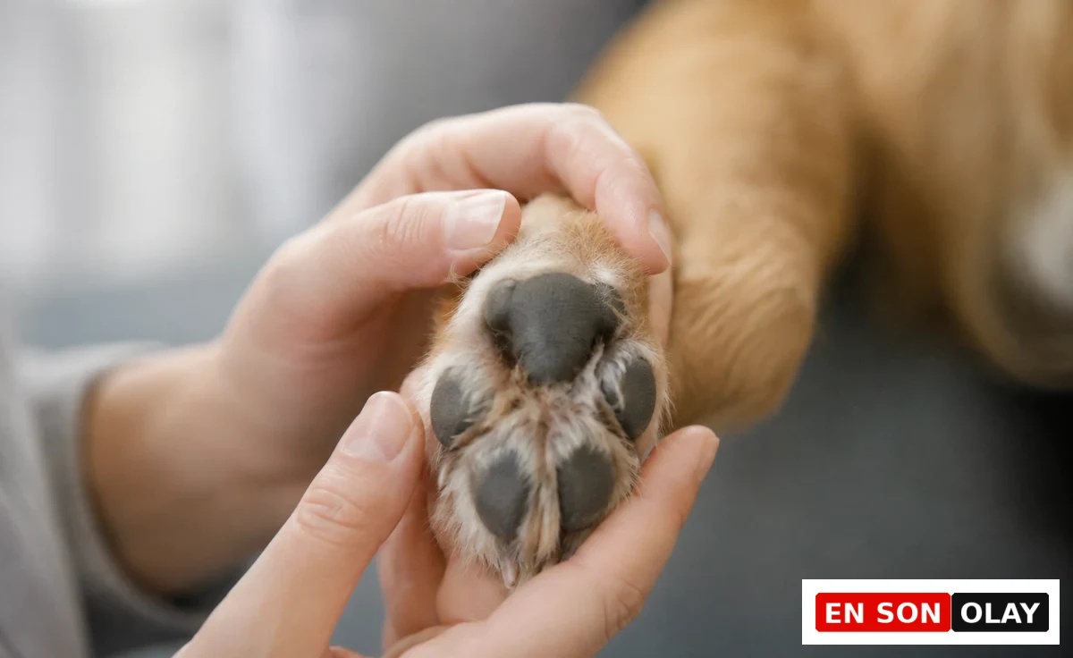 İnsan elleri, yaz aylarında köpeklerde pati bakımı makalesiyle uyumlu olarak, koyu renkli pati yastıkları belirgin olan tüylü bir köpeğin patisini özenle ve nazikçe tutarak kontrol ediyor.
