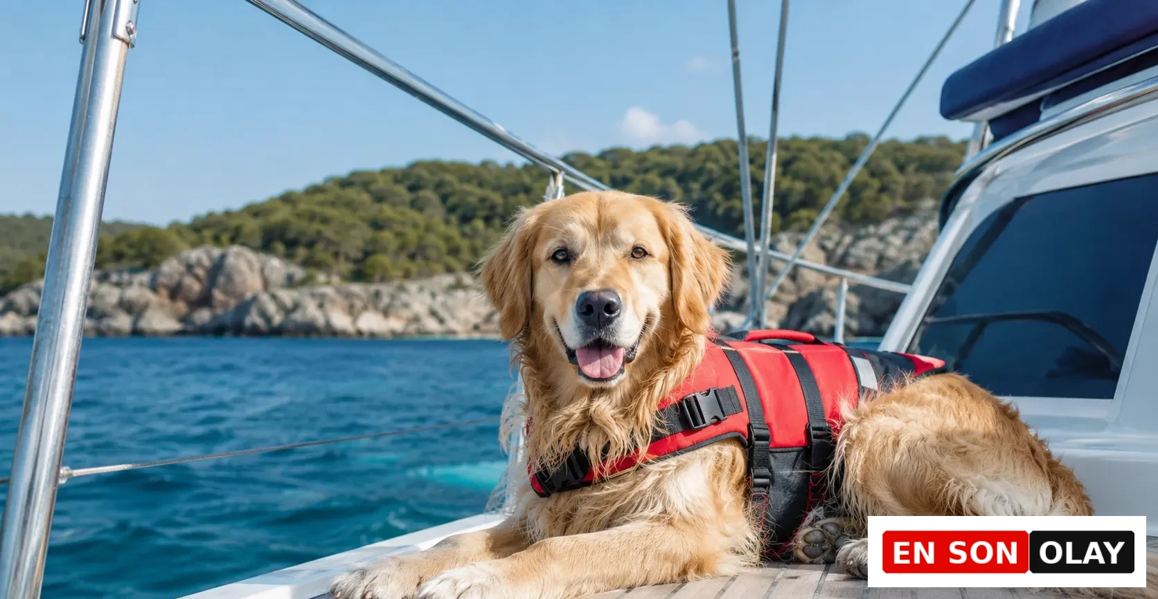 Güneşli bir günde tekne güvertesinde keyifle uzanmış, kırmızı can yeleği giyen mutlu bir Golden Retriever köpeği, masmavi denizin ve yeşil kıyıların eşlik ettiği evcil hayvanla tekne tatili anını yansıtıyor, bu da teknede köpek güvenliğinin önemini vurguluyor.