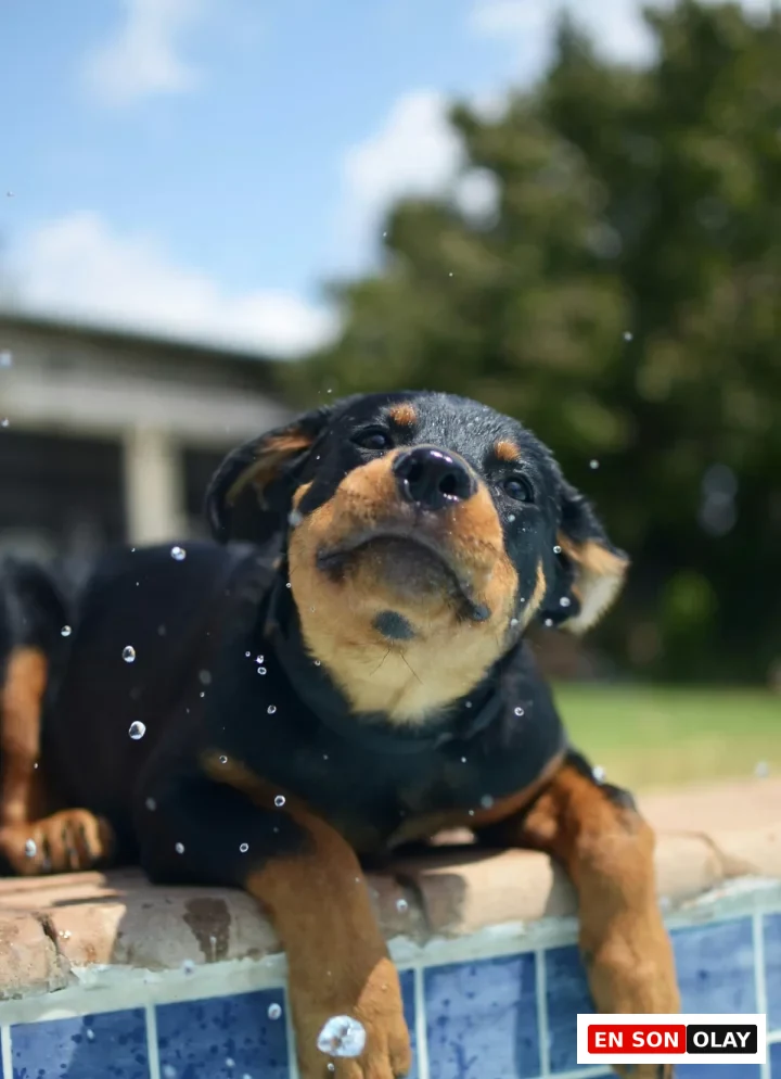 Mavi gökyüzü altında, havuz kenarında ıslak bir Rottweiler yavrusu, su damlacıkları arasında başını yukarı kaldırmış, ön patileri suya değerek uzanmış halde 'köpekler yüzebilir mi' sorusunu akla getiren neşeli bir anı yakalıyor.