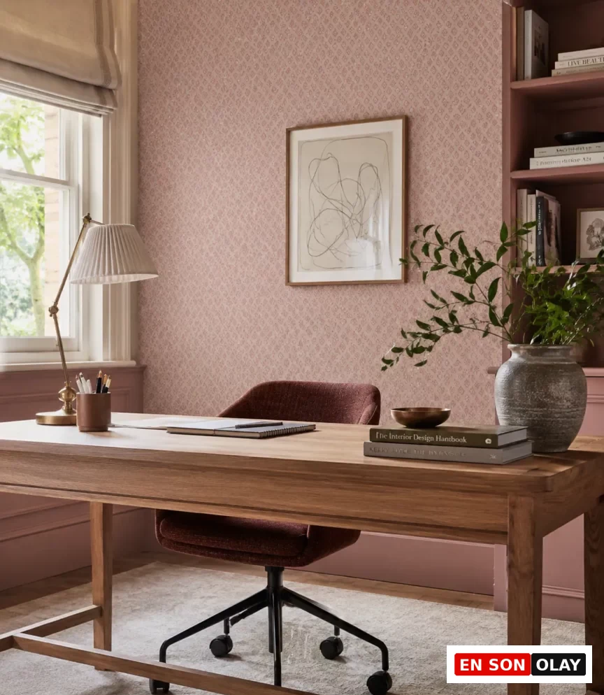 Pinterest tarzı pembe bir çalışma odasında, pencereden doğal ışık alan, pembe desenli duvar kağıtlarıyla dekore edilmiş şık bir odada, üzerinde kitaplar, zarif bir lamba ve yeşil dallar içeren büyük bir vazonun bulunduğu ahşap bir masa, tekerlekli ofis sandalyesiyle tamamlanmıştır.