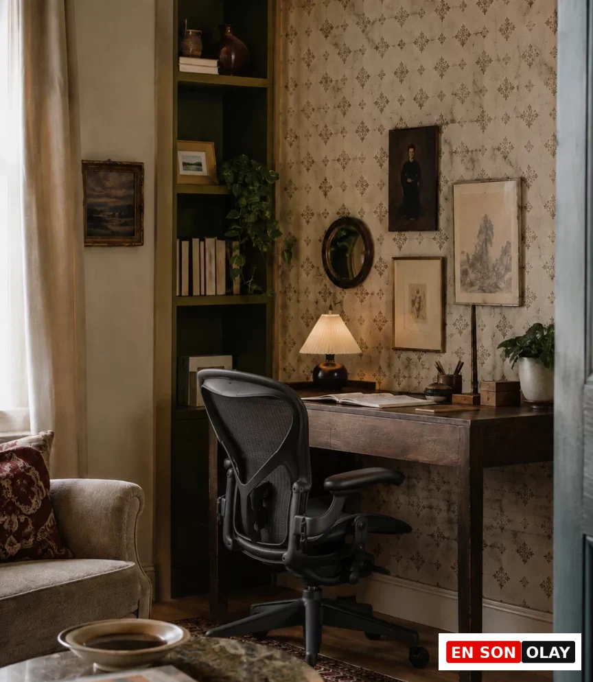 Desenli duvar kağıdıyla kaplı bir duvara bitişik, koyu ahşap çalışma masası ve modern, siyah bir çalışma koltuğu barındıran bu şık çalışma köşesi, kitaplık, dekoratif aynalar ve çerçeveli tablolarla zenginleştirilmiş sıcak bir ev ofis ortamını gözler önüne seriyor.