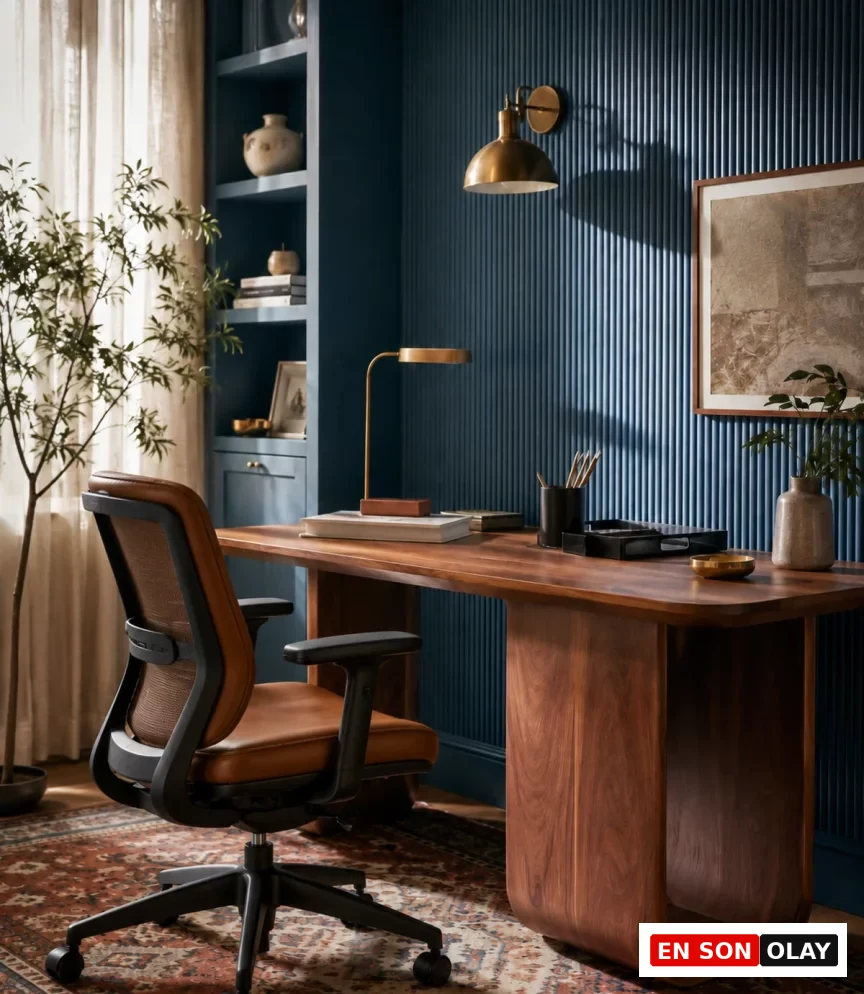 Lacivert çizgili duvarın ve ceviz masanın hakim olduğu modern bir ev ofisinde, kahverengi deri ve file detaylı ergonomik bir çalışma koltuğu, sıcak aydınlatmalar ve dekoratif bitkilerle davetkar bir atmosfer sunuyor.