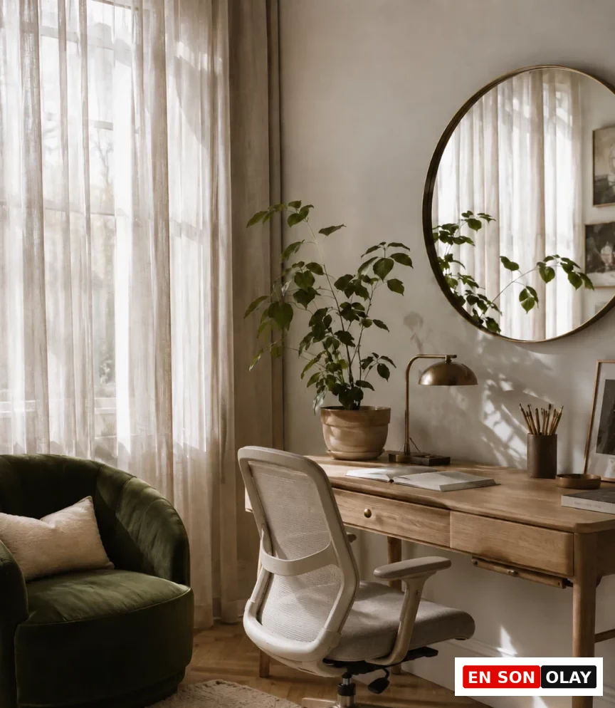 Açık renk ahşap bir çalışma masasının önünde duran modern, açık bej bir çalışma koltuğu, yanında yeşil kadife bir berjer ve arkadaki şeffaf perdelerden süzülen doğal ışıkla aydınlanmış, bitkilerle dolu şık ve sakin bir çalışma odası görüntüsü.