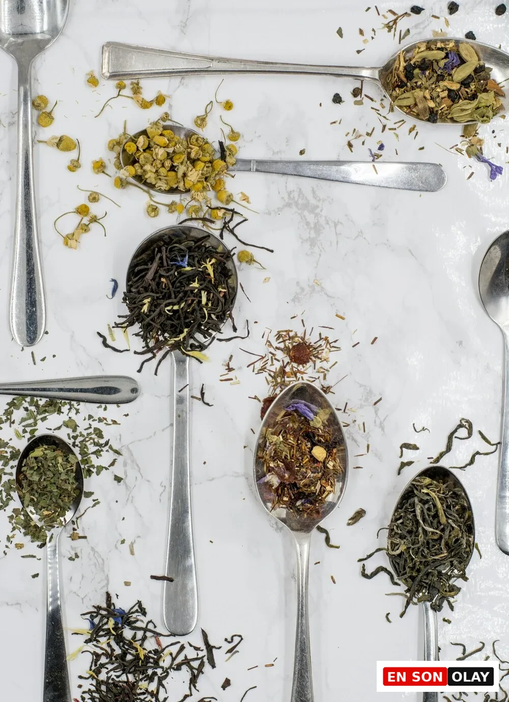 Farklı kurutulmuş bitkiler ve çay karışımları metal kaşıklar içinde; menopoz sürecinde bitkisel destekleri temsil eden görsel.