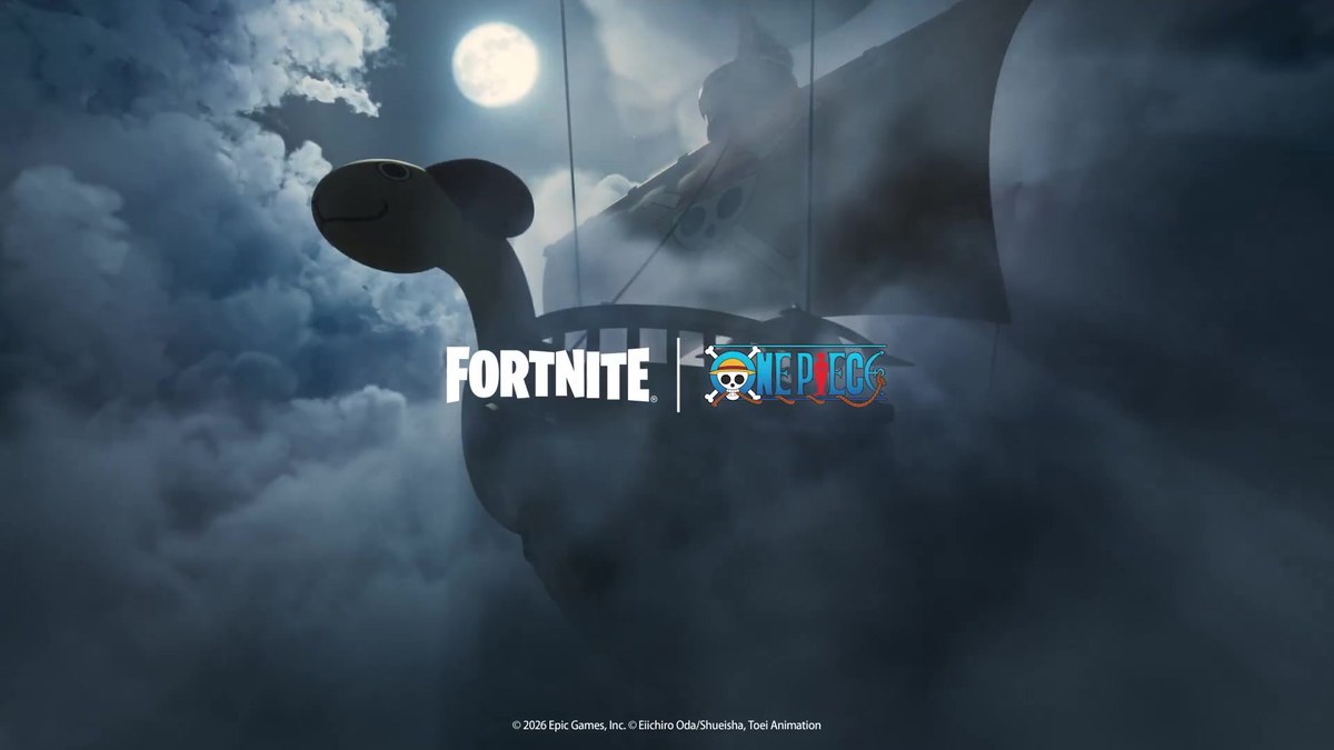 Fortnite'ın One Piece videosunda Going Merry ve FORTNITE | ONE PIECE logosu (Epic Games)