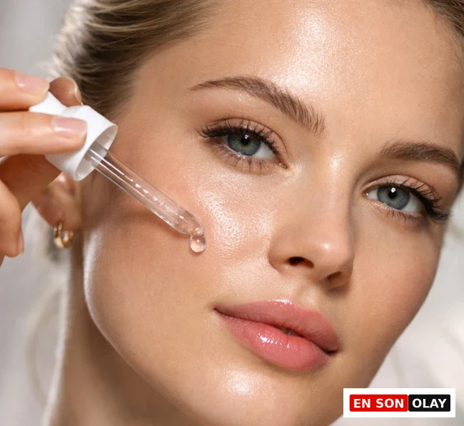 PDRN serum uygulayan beyaz tenli kadında cam cilt etkisi ve parlak, sağlıklı cilt görünümü.