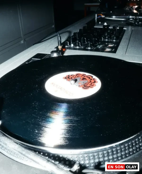 Gece kulübü veya canlı müzik mekanı atmosferini yansıtan loş bir ortamda, kırmızı ve siyah bir desenin olduğu beyaz etiketli parlak siyah bir plak, detaylarıyla görülen bir döner tablada çalmaya hazır duruyor.