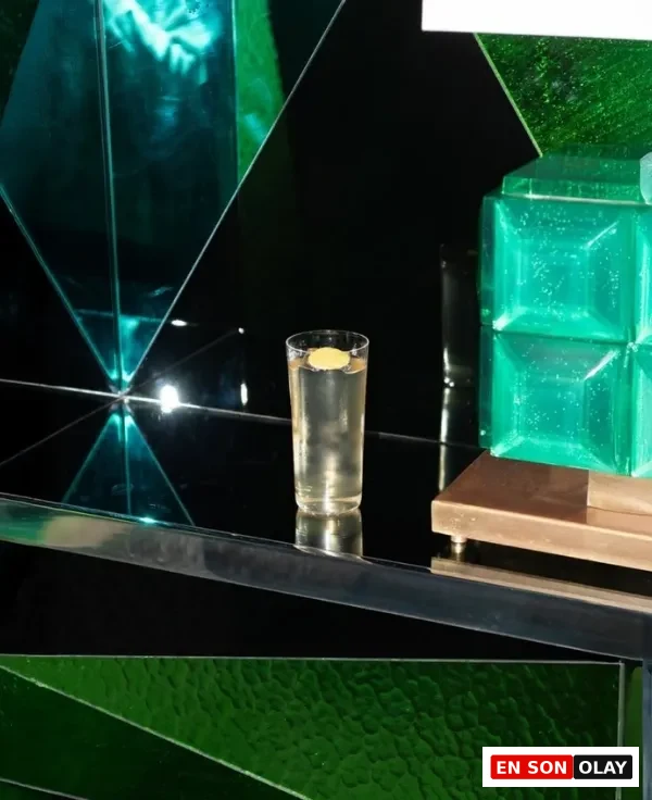 Limon dilimli bir içeceğin, yansıtıcı koyu bir yüzeyde konumlandığı, arka planda zümrüt yeşili cam küpler ve geometrik panellerle çevrili, modern ve sofistike bir bar veya mekan detayı.