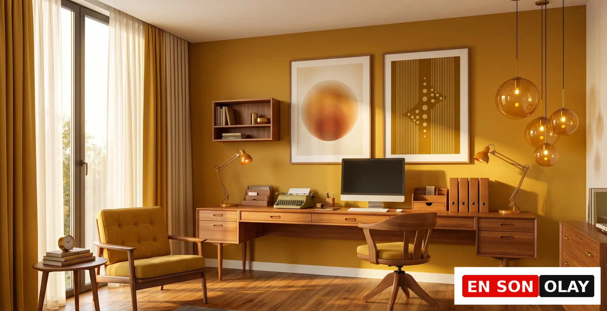 Sarı duvarlara sahip, geniş pencereden ışık alan, ahşap çalışma masası ve ergonomik sandalyesiyle konforlu bir çalışma alanı sunan modern bir çalışma odası; duvarlarda soyut sanat eserleri, masada eski tip daktilo ve bilgisayar, yan tarafta rahat sarı bir koltuk ile şık bir atmosfer yaratıyor.