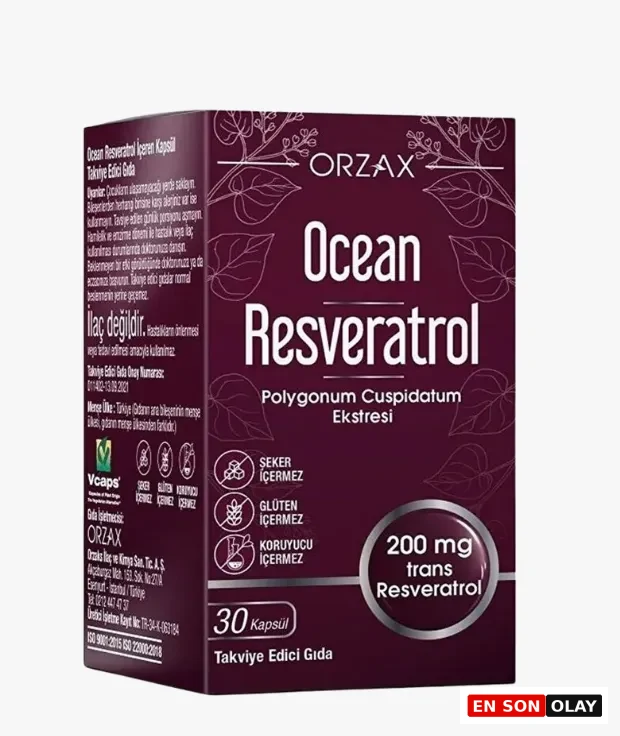 Koyu mor renkte, üzerinde ORZAX Ocean Resveratrol yazan ve Polygonum Cuspidatum ekstresini vurgulayan, 30 kapsül içeren takviye edici gıda kutusunun ön yüzünde, sağlıklı yaşam ve longevity araştırmalarında kritik rol oynayan biyolojik olarak aktif 200 mg trans-resveratrol ibaresi, ürünün şeker, glüten ve koruyucu içermediğine dair ikonlar net bir şekilde görülüyor.
