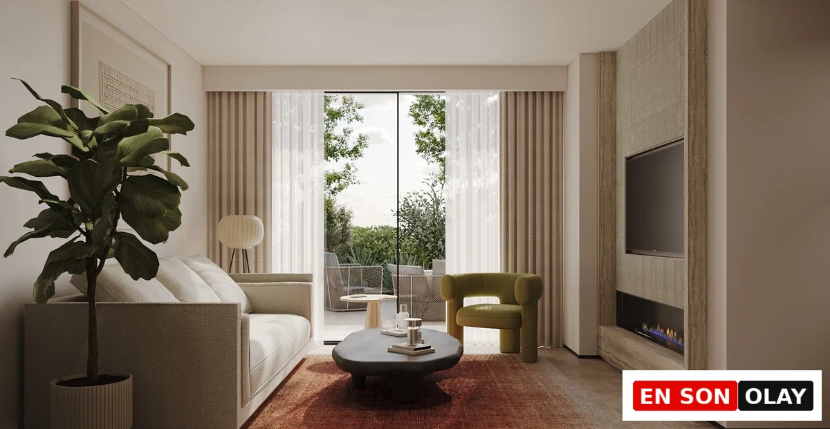 Mesa Casa Well salonunda geniş cam yüzeyler ve doğal tonlar.