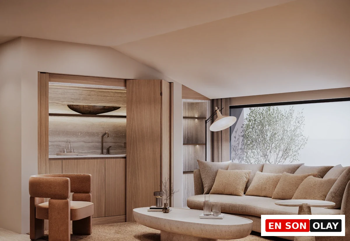 Mesa Casa Well salon ve yemek alanında doğal taş ve ahşap detaylar.