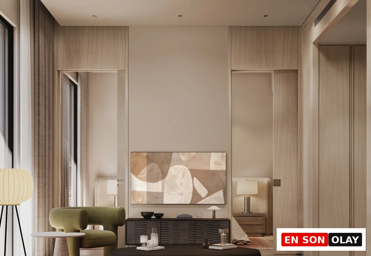 Mesa Casa Well yaşam alanında ahşap paneller ve doğal tonlarda mobilyalar.