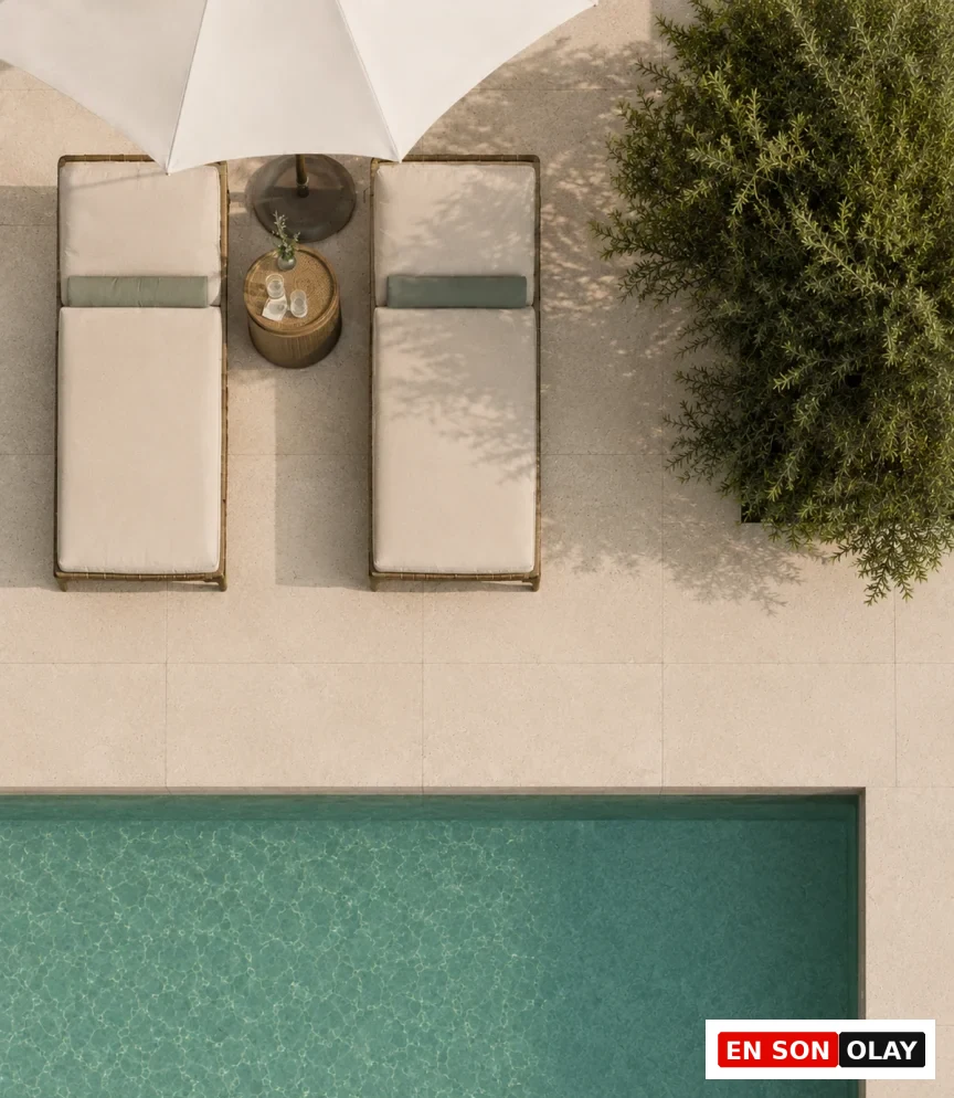Mesa Casa Well açık havuzu, şezlongları ve lounge alanının üstten görünümü.