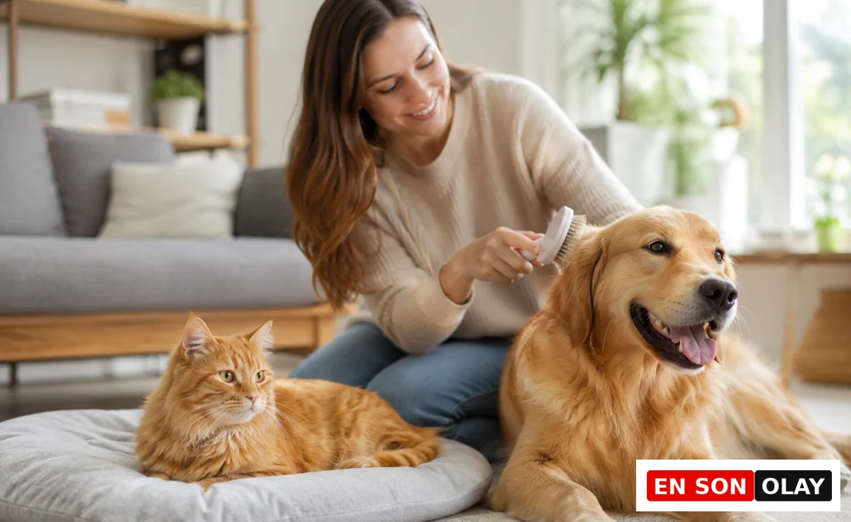 Evde, aydınlık bir odada diz çökmüş, gülümseyen bir kadın, uzun altın rengi tüylere sahip, ağzı açık ve mutlu görünen bir Golden Retriever köpeğinin tüy bakımı için fırçalarken, hemen yanında yumuşak gri bir minder üzerinde uzanan turuncu renkli uzun tüylü bir kedi sakin bir şekilde çevreyi izliyor; bu an, evcil hayvanların evde keyifli ve özenli tüy bakım rutinlerini vurguluyor.