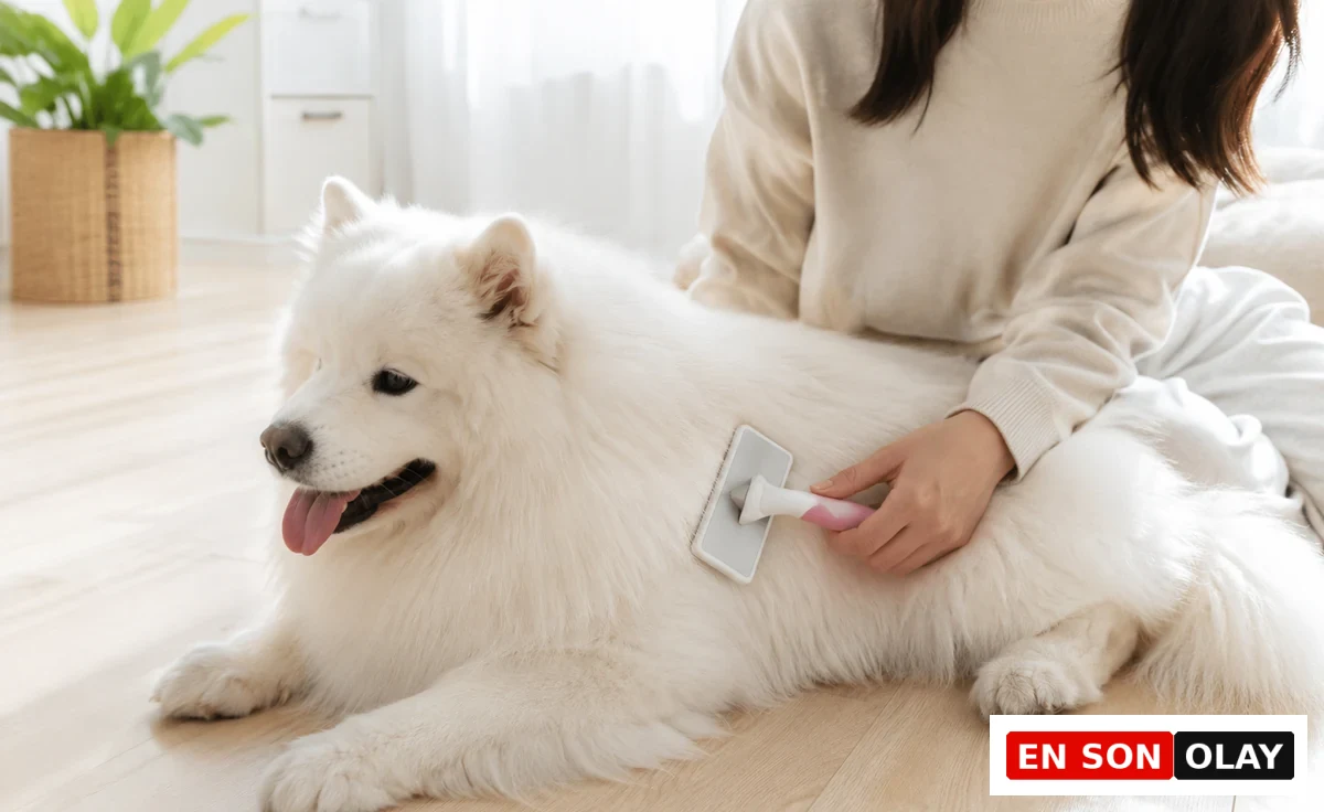 Açık renk ahşap zeminde rahatça uzanmış, kabarık beyaz tüylere sahip, dili hafifçe dışarıda büyük bir köpeğin sırtını nazikçe tarayan bir kişi, evcil hayvan tüy bakımı rutininde bu özenin önemini vurguluyor.