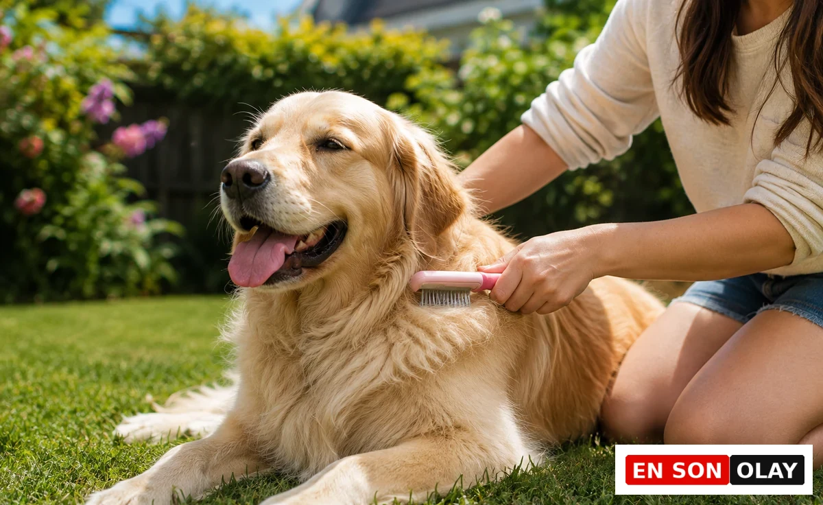 Güneşli bir bahçede, yeşil çimlerin üzerinde uzanmış mutlu bir Golden Retriever köpeğinin uzun ve parlak tüyleri, köpek tüy bakımı rutinini uygulayan sahibi tarafından pembe bir fırça ile özenle fırçalanıyor.