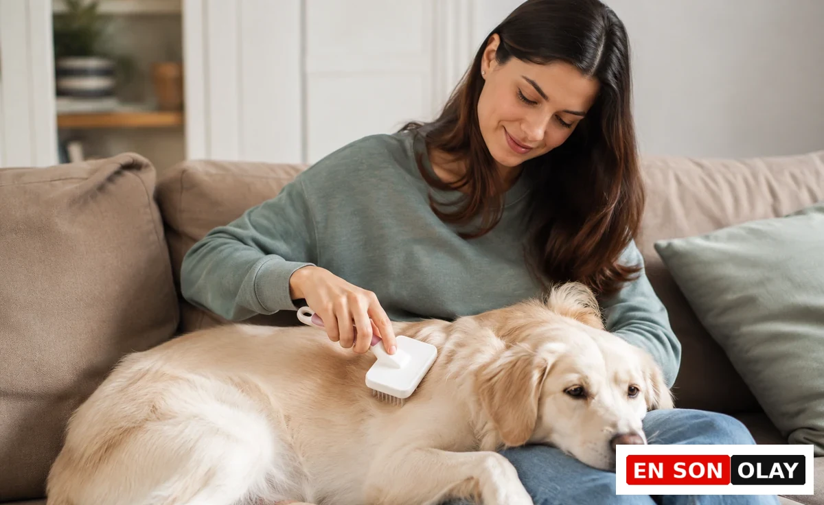 Genç, uzun saçlı bir kadın, bej rengi bir koltukta rahatça otururken, kucağındaki mutlu golden retriever cinsi köpeğinin altın rengi tüylerini beyaz bir fırça ile nazikçe tarayarak özenli bir tüy bakımı yapıyor.
