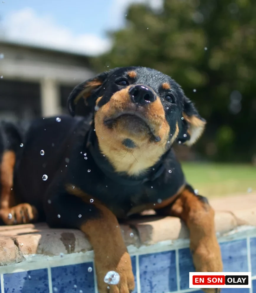 Havuz kenarında uzanmış, ıslak tüylerinden su damlacıkları sıçrayan ve meraklı gözlerle yukarıya bakan sevimli siyah-kahverengi bir Rottweiler yavrusu, havuz sonrası tüy bakımı ipuçları için ideal bir görüntü sunuyor.