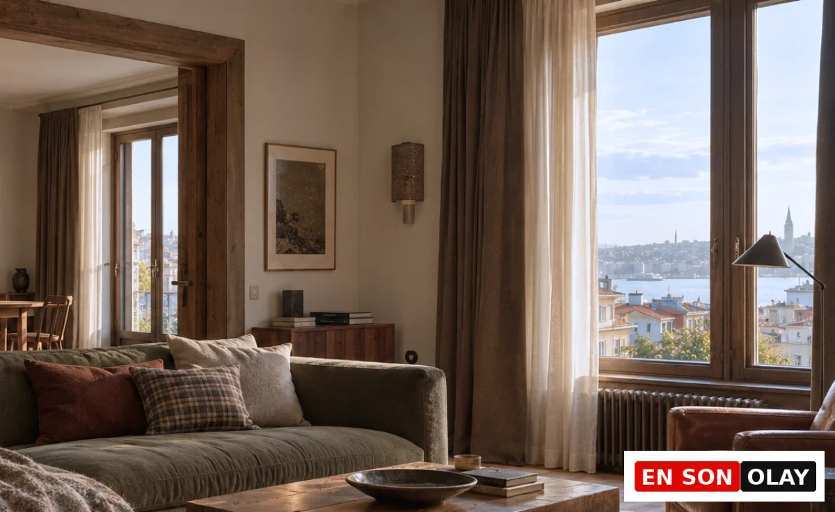 Geniş penceresinden İstanbul'un çatılarını, suyu ve uzaktaki Galata Kulesi'ni gösteren nefes kesici manzaraya sahip, dağ evi tarzı sıcak bir dekorasyona sahip, zeytin yeşili büyük bir koltuk ve rustik ahşap orta sehpayla döşenmiş davetkar bir İstanbul salonu.