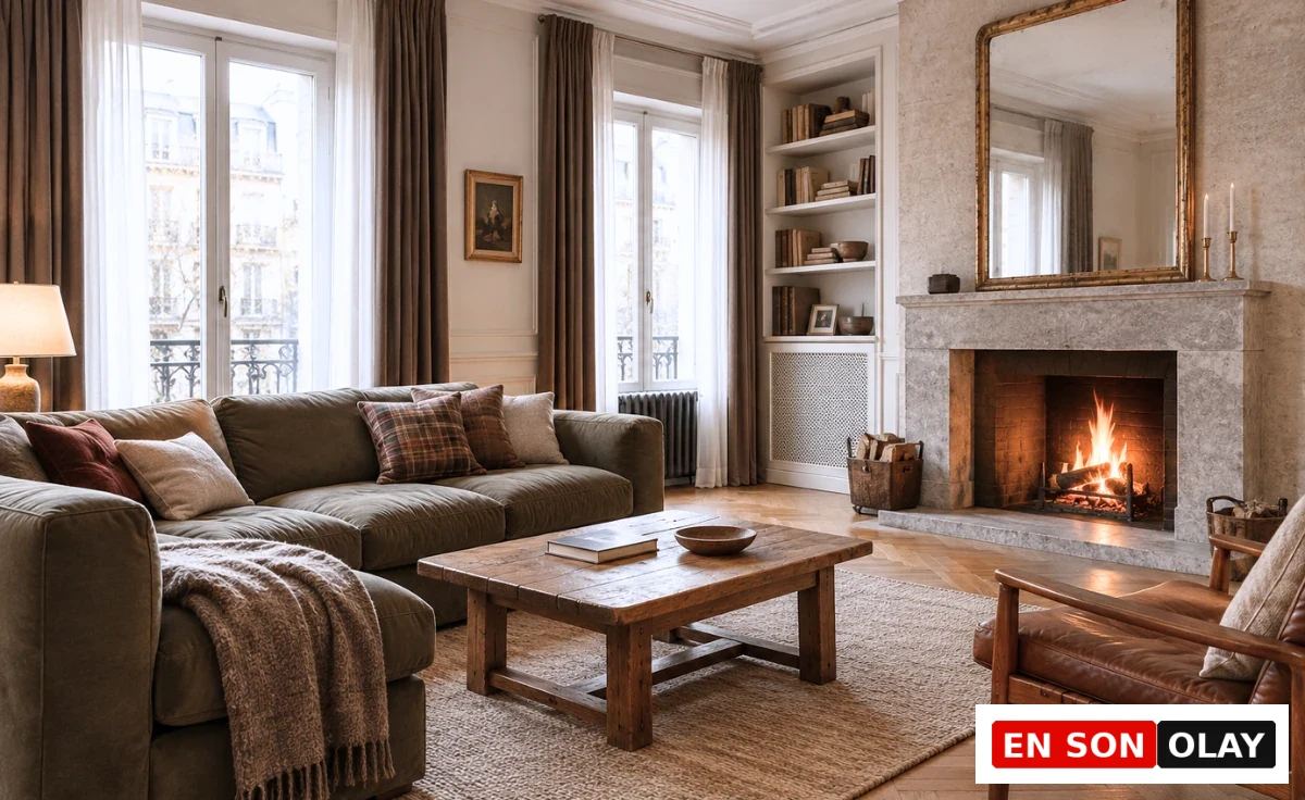 Dağ evi tarzı sıcak bir ambiyansa sahip bu şömineli salon, yanan odun ateşinin ısıttığı taş şöminesi, rahat zeytin yeşili kanepesi, ahşap sehpası ve doğal dokulu halısıyla davetkar bir yaşam alanı sunuyor.