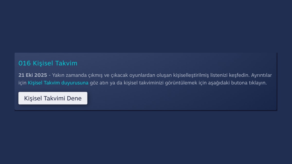 Steam Labs'ın Türkçe sayfasında Kişisel Takvim deneyi ve Kişisel Takvimi Dene düğmesi (Valve)
