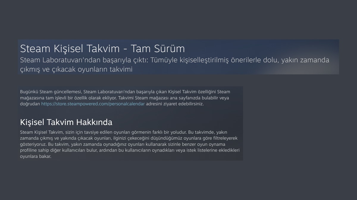 Valve'ın Steam Kişisel Takvim - Tam Sürüm duyurusunun Türkçe sayfası (Valve)