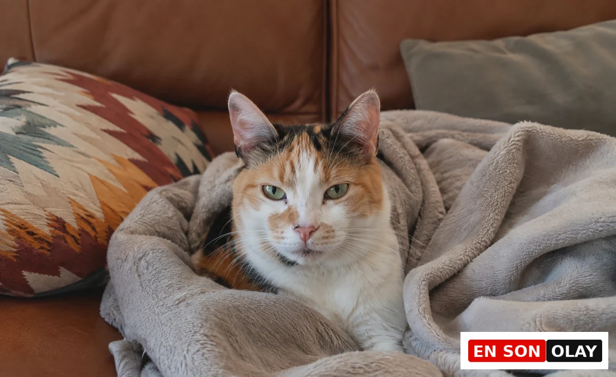 Ortasında oturan turuncu, siyah ve beyaz renkli bir kedi, açık gri tüylü bir battaniyeye sarılmış, güvenli ve rahat bir uyku alanı bulmuşçasına yeşil gözleriyle doğrudan izleyiciye bakıyor, arkasında kahverengi deri koltuk ve desenli yastıklar görünüyor.