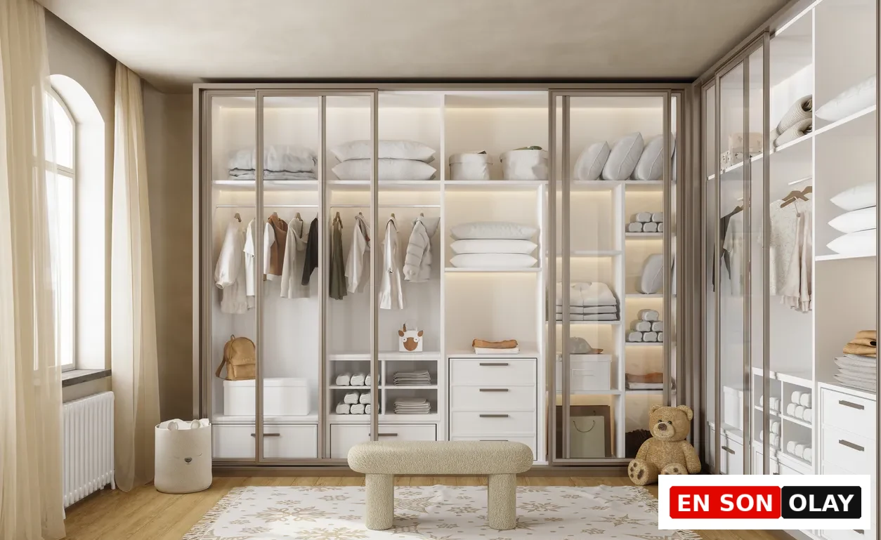 Modern ve aydınlık bir odada, cam kapaklı beyaz dolap ve çekmecelerin içindeki düzenli giysiler, katlanmış tekstil ürünleri ve aksesuarlar, ortadaki pofuduk bank, kar tanesi desenli halı ve sevimli ayıcık ile minimalist bir dolap dekorasyon örneği sergileniyor.