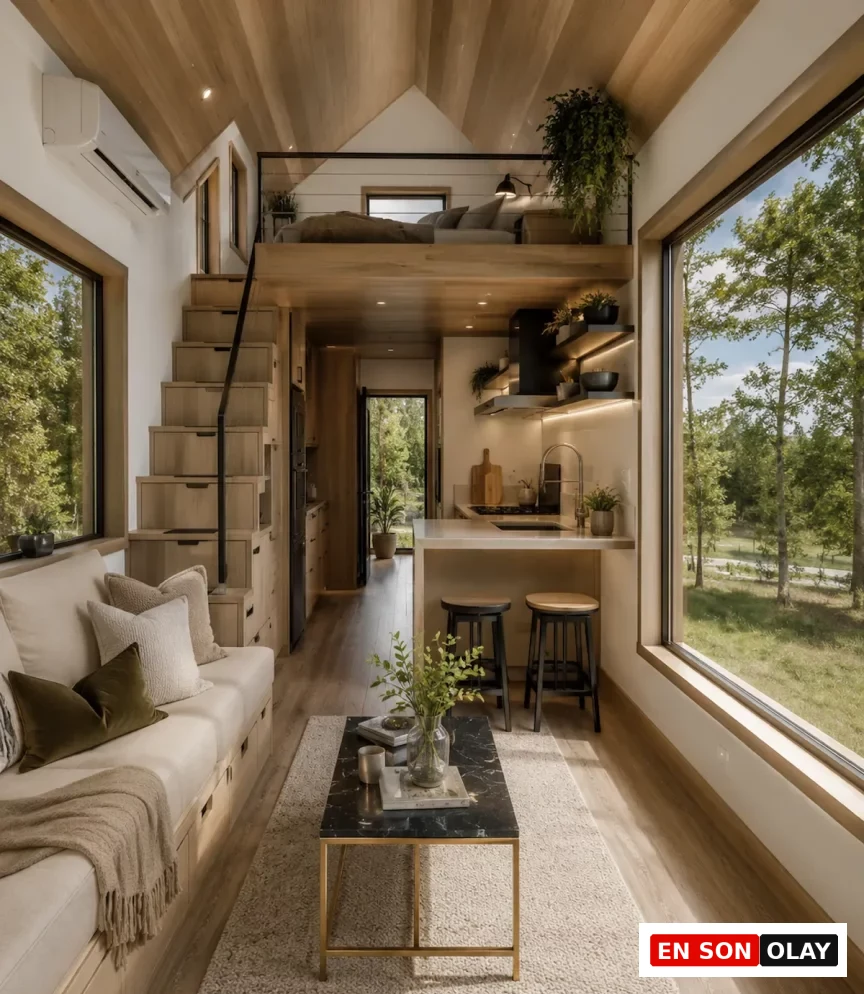 Doğal ahşap tonları ve sade çizgilerle modern bir tarzda dekore edilmiş, geniş pencerelerinden yemyeşil orman manzarasının içeri aktığı bu tiny house iç görünümünde, depolama alanlı merdivenlerle ulaşılan yatak odası loftu, rahat bir oturma köşesi ve şık mutfak alanı bir arada düşünülmüş.