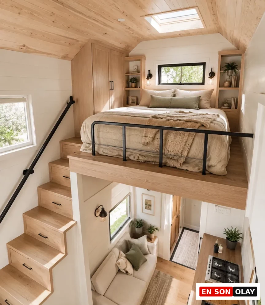 Ahşap detayların hakim olduğu modern bir tiny house dekorasyonunda, yukarıda doğal ışık alan asma kat yatak alanı, aşağıda depolama sağlayan çekmeceli merdivenler, krem rengi bir kanepe ve ahşap tezgahlı kompakt mutfakla birleşiyor.
