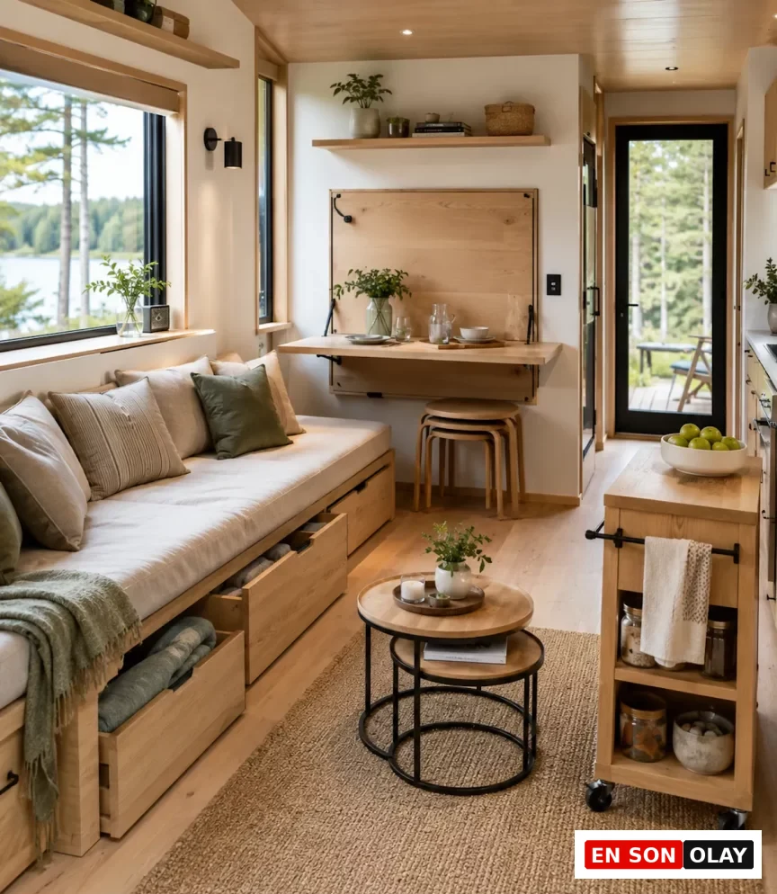 Aydınlık ve doğal tonlarda döşenmiş bir tiny house iç mekanında, depolama çekmeceli kanepe, duvara monte katlanabilir yemek masası ve iç içe geçen tabureler gibi çok amaçlı mobilyalarla akıllıca yerden tasarruf edilmiş; bu şık dekorasyonu büyük pencereden görünen göl manzarası tamamlıyor.