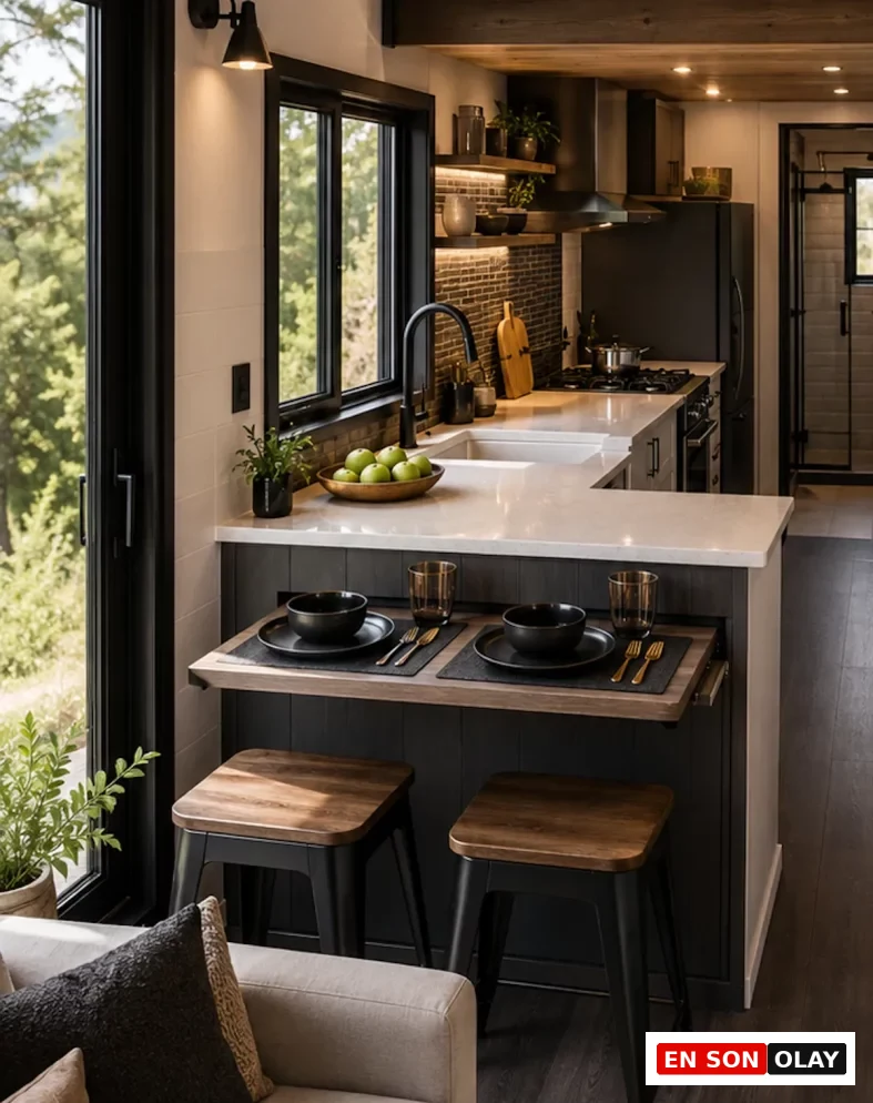 Modern bir tiny house mutfak tasarımı, yeşil elmalarla dolu bakır kase ile bezenmiş beyaz tezgahı, siyah armatürlü evyesi, taş görünümlü duvarı ve ağaç manzaralı geniş penceresiyle ferah bir atmosfer sunarken, önündeki iki kişilik ahşap tabureli yemek alanı bu küçük mekanı oldukça işlevsel kılıyor.
