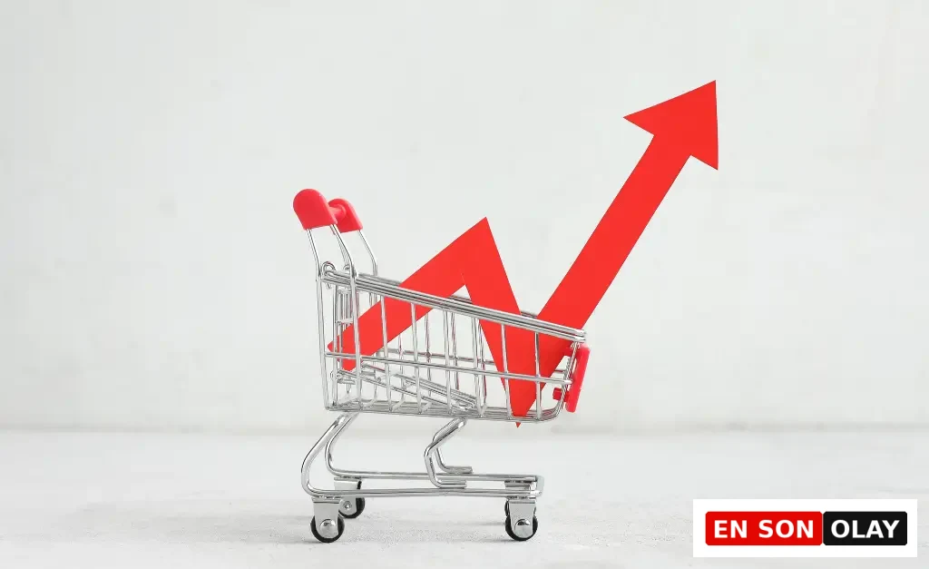 Açık renkli bir arka plan önünde duran minyatür alışveriş arabasının içinde, yükselen maliyetleri veya enflasyonu görselleştiren zigzag şeklinde yukarı doğru çıkan kırmızı ok, reel faiz oranlarının tüketici üzerindeki etkisini vurguluyor.