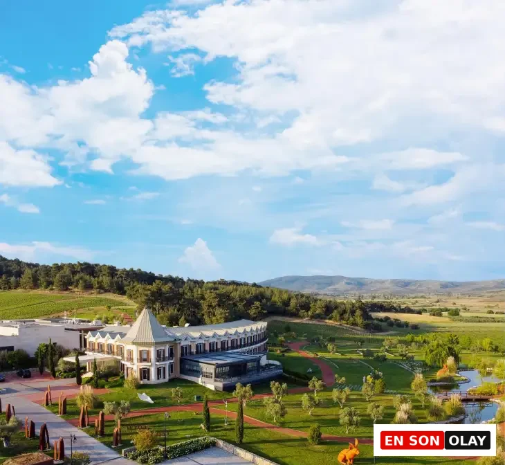 Yeşil tepeler, yemyeşil üzüm bağları ve ormanlık alanlarla çevrili, modern mimarili ve kavisli hatlara sahip Hotel Caeli'nin geniş arazisinde zeytin ağaçları, kırmızı yürüyüş yolları, bir su yolu ve turuncu tavşan heykeli bulunan özenli bahçeler, açık mavi gökyüzü altında uzanıyor.
