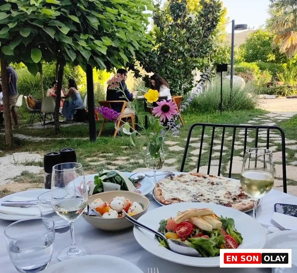Bir bahçe restoranında, yeşillikler içindeki bir masada bol peynirli pizza, taze salatalar ve kadehlerde beyaz şarapların servis edildiği, arka planda ağaçların altında oturan insanların göründüğü keyifli bir açık hava yemeği anı.