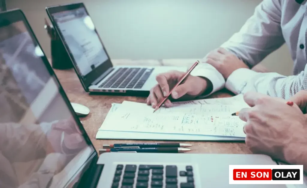 İki kişi masada laptop ve belgeler üzerinden finansal strateji toplantısı yapıyor.