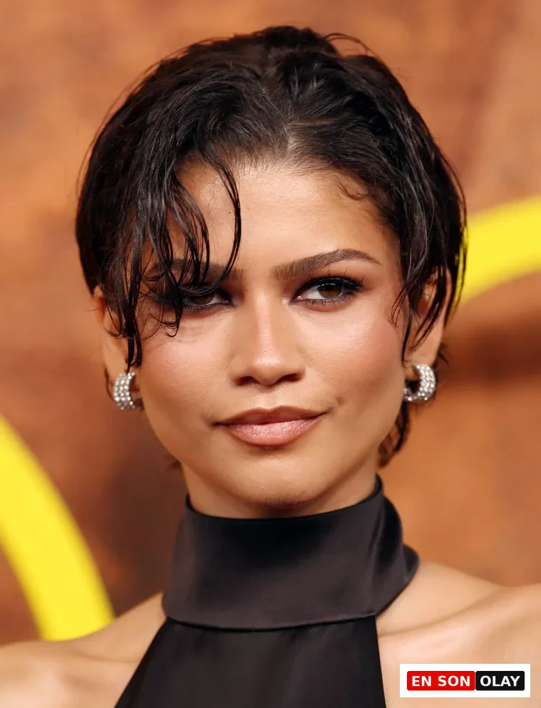 Zendaya, parlak siyah, boğazlı bir üstle doğrudan kameraya bakarken, ıslak görünümlü kısa kahverengi saçları pixie kesimi ve yüzüne düşen belirgin perçemleriyle, dikkat çekici makyajlı kahverengi gözleri ve pırıltılı halka küpeleriyle zarif bir şekilde gülümsüyor.