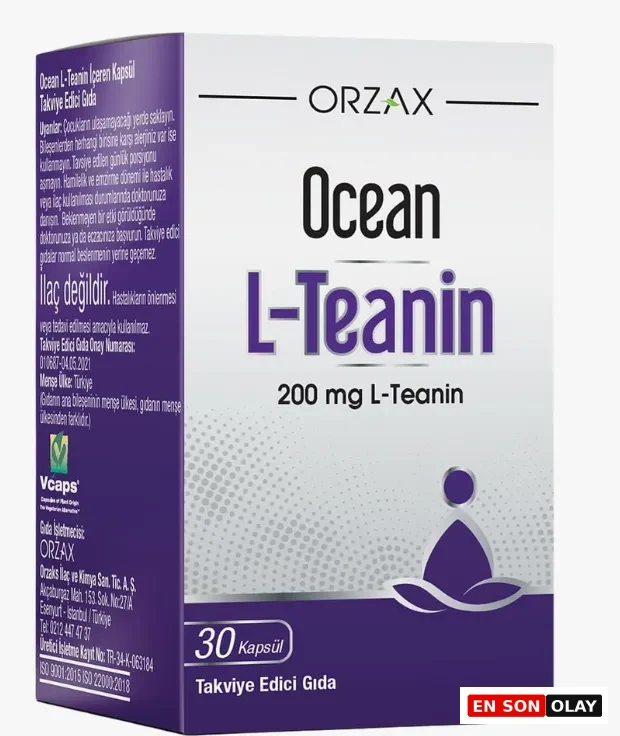 Ocean L-Teanin yazılı, üzerinde 200 mg L-Teanin ve 30 kapsül ibareleri bulunan mor ve beyaz renkli kutu, modern yaşamın getirdiği zihinsel berraklık ve odaklanma sorunlarına yönelik bir takviye edici gıda olarak öne çıkıyor.