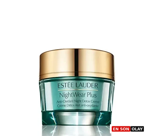Estée Lauder markasının altın renkli kapaklı ve turkuaz cam kavanozunda sunulan NightWear Plus Anti-Oxidant Night Detox gece kremi, cilt detoksu için antioksidan koruma sağlayarak canlı bir görünüm vaat ediyor.