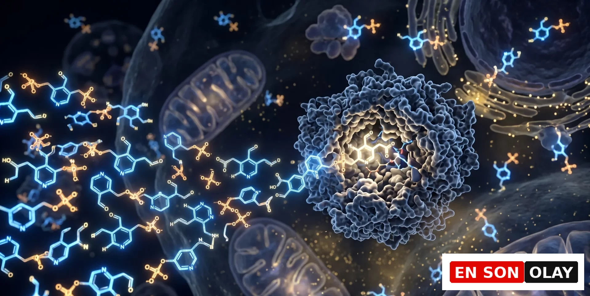 Hücresel bir ortamda, büyük bir protein kompleksinin içine yerleşmiş, parlak sarı renkte parlayan bir B6 vitamini türevi, çevresindeki çok sayıda mavi ve turuncu fosfatlı moleküllerle birlikte, vitaminlerin enzimlerle etkileşimini ve metabolik süreçlerdeki anahtar rolünü gösteren karmaşık bir biyokimyasal reaksiyonu canlı bir şekilde tasvir ediyor.